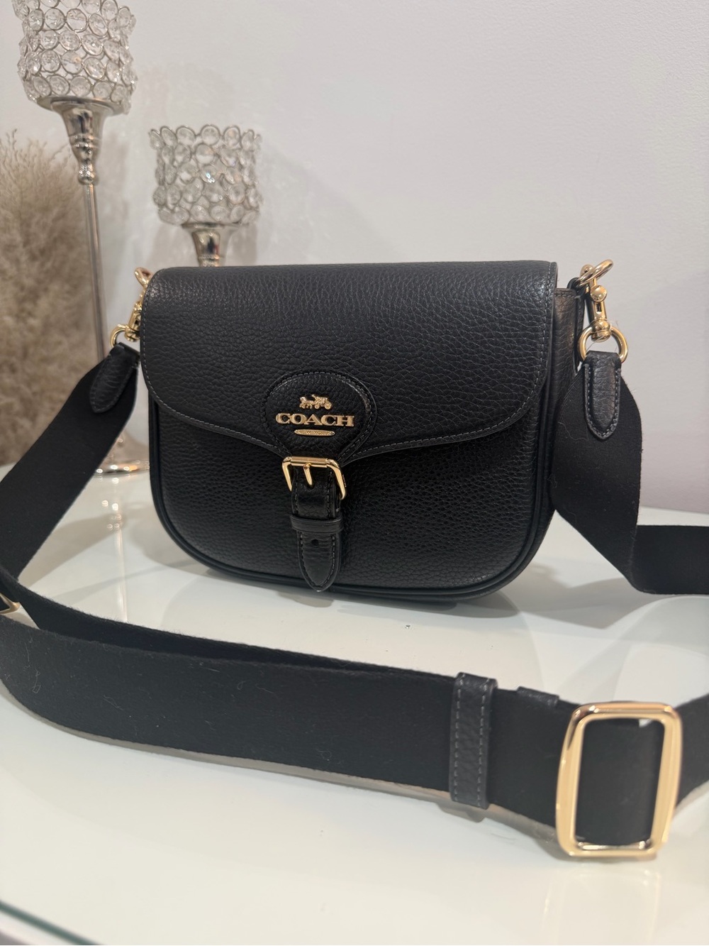 Coach Black Pebbled Leather Crossbody with Gold Accents